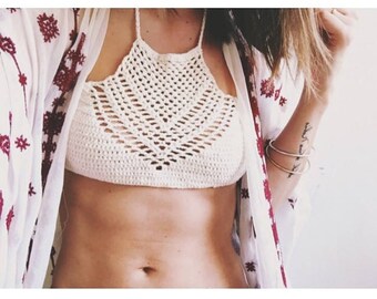 Patrón PDF de top corto de crochet con cuello halter para festivales, verano, yoga, traje de baño, copas A - F + video