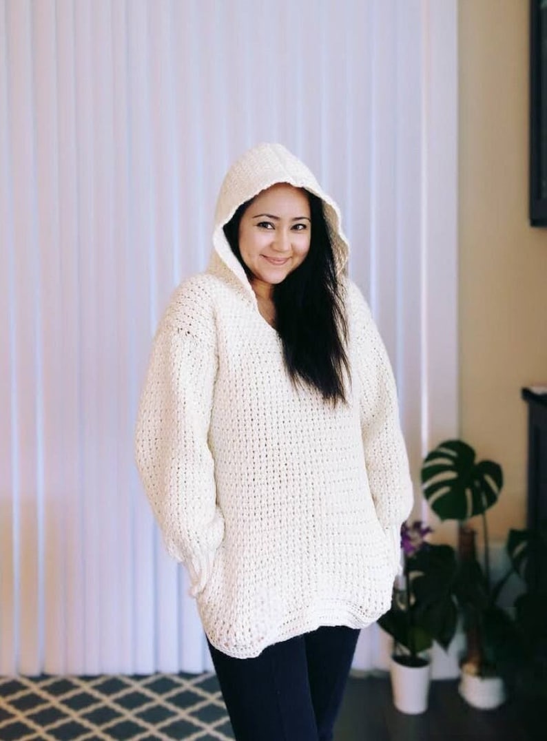 Crochet Hoodie Sweater PDF Pattern, Oversized Sweatshirt with Hidden Pockets, Jumper, Pullover, For Women, XS - 5XL ,Video tutorial