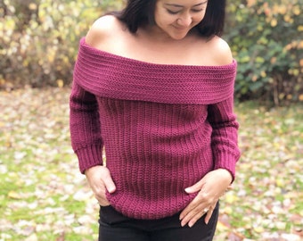 Crochet Off Shoulder Sweater Pattern,  Crochet Top PDF Pattern for Fall /Winter, All sizes XS - 5XL and Video tutorial