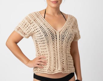 Crochet Top PDF Pattern, V Neck Lace Beach Cover Up for XS-2XL