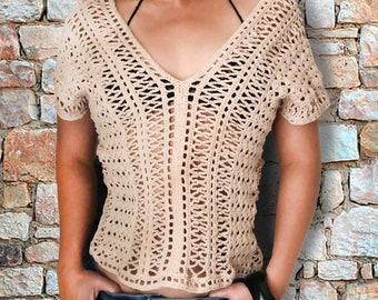 Modèle de couverture de plage au crochet, motif de haut à col en V au crochet / haut en dentelle au crochet / Crochet XS - 2XL /