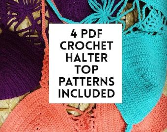 Crochet Halter Top Pattern Bundle, 4 Festival Designs, A–F Cups
