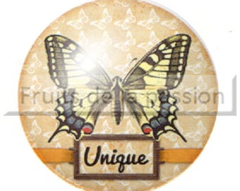 1 cabochon 25mm round glass, butterflies, animals, yellow