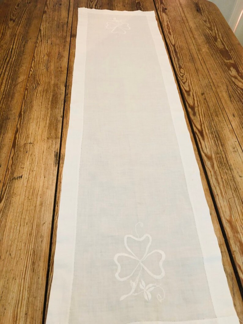 Irish Linen white embroidered table runner.Clover . Etsy