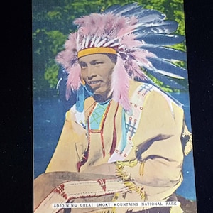 Young Indian Chief, Cherokee Indian Reservation Linen Postcard 1930&#39;s-1940&#39;s