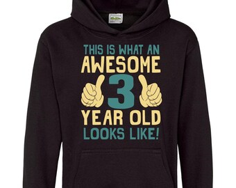 May include: Black hooded sweatshirt with a graphic that says "This is what an awesome 3 year old looks like!" with two thumbs up on either side of the number 3.