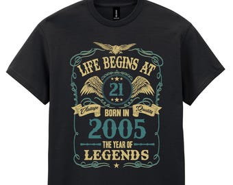 Men's 21st Birthday T-Shirt, Life Begins At 21 Born In 2005 Tee