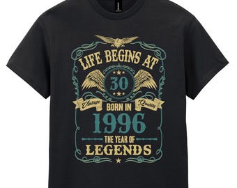 Men's 30th Birthday T-Shirt, Life Begins At 30 Born In 1996 Tee