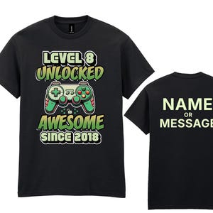 Gamer-T-shirt 8e verjaardag 2018 voor kinderen, gepersonaliseerde naam of bericht, gamecontroller