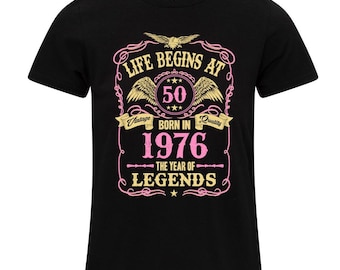 Womens 50th Birthday T-Shirt, Life Begins at 50 Ladies 1976