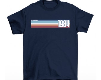Mens 40th Birthday T-Shirt, Established 1984 Retro Strip, Made from Organic Cotton