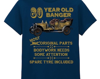 Mens 80th Birthday Gift T-Shirt Navy Blue - 80 Year Old Banger Vintage Car