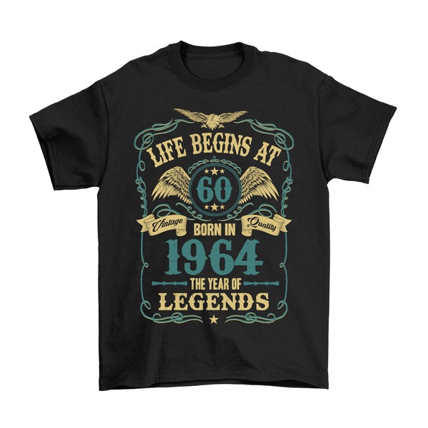 Het leven begint op 60-jarige leeftijd, geboren in 1964, heren-T-shirt voor de 60e verjaardag, gemaakt van biologisch katoen