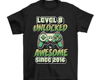 Kids Awesome Since 2016, Retro Games Controller, 8th Birthday T-Shirt, Made From Organic Cotton