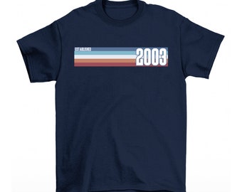 Mens 21st Birthday T-Shirt, Established 2003 Retro Strip, Made from Organic Cotton