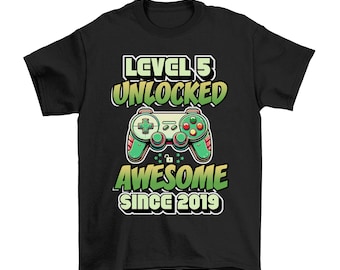 Kids Awesome Since 2019, Retro Games Controller, 5th Birthday T-Shirt, Made From Organic Cotton