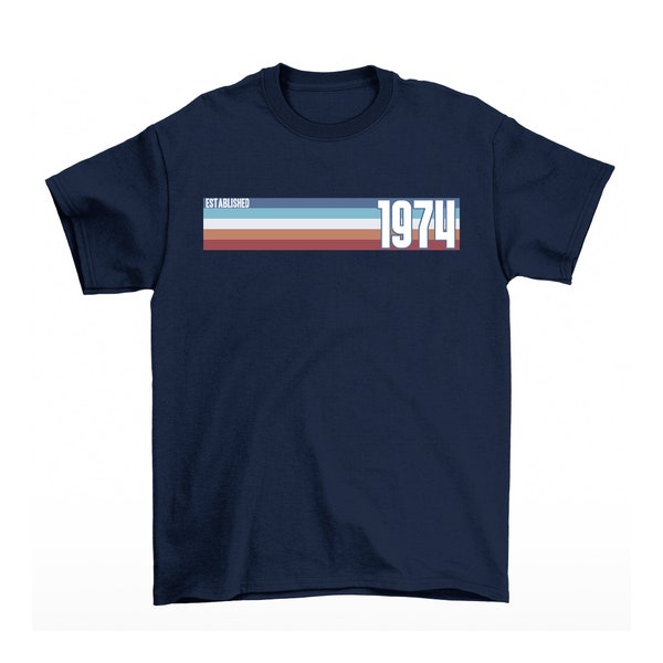 Mens 50th Birthday T-Shirt, Established 1974 Retro Strip, Made from Organic Cotton