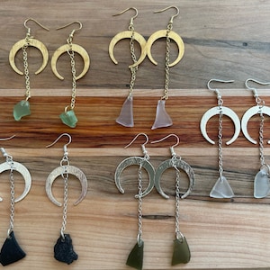 Salem Dangle Earrings ~ Genuine Sea Glass Jewelry Earrings Witchy Boho Celestial Upcycled ~ Celestial Beach Gift