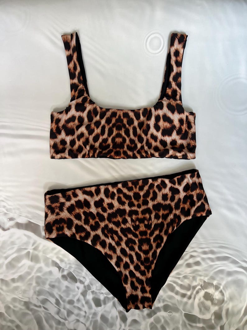 Leopard print bikini set - high waist modest bikini bottom and tank crop top on Etsy