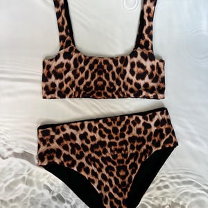 High waisted bikini / Thong OR modest bikini bottom / Wide strap scoop neck bikini top / Leopard print bikini set / High rise cheeky bikini