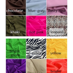 May include: A fabric swatch display featuring various colors and patterns. Colors include black, red, beige, chocolate, blue-gray, dusty rose, khaki, hot pink, leopard print, bright green, zebra print, yellow, violet, gold, bright orange, dark green, white, and bright blue.