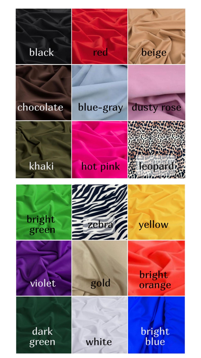 May include: A fabric swatch display featuring various colors and patterns. Colors include black, red, beige, chocolate, blue-gray, dusty rose, khaki, hot pink, leopard print, bright green, zebra print, yellow, violet, gold, bright orange, dark green, white, and bright blue.