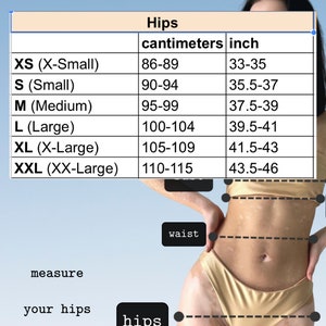 May include: Size chart for bottoms, showing hip measurements in inches and centimeters. Sizes range from XS (33-35 inches, 86-89 cm) to XXL (43.5-46 inches, 110-115 cm). The chart also indicates where to measure the hips.