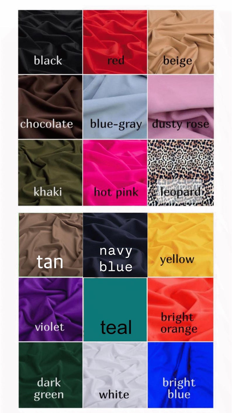 Op de afbeelding: Een kleurenkaart met vijftien stoffen stalen in zwart, rood, beige, chocolade, blauwgrijs, oudroze, kaki, felroze, luipaardprint, lichtbruin, marineblauw, geel, violet, teal, feloranje, donkergroen, wit en felblauw.