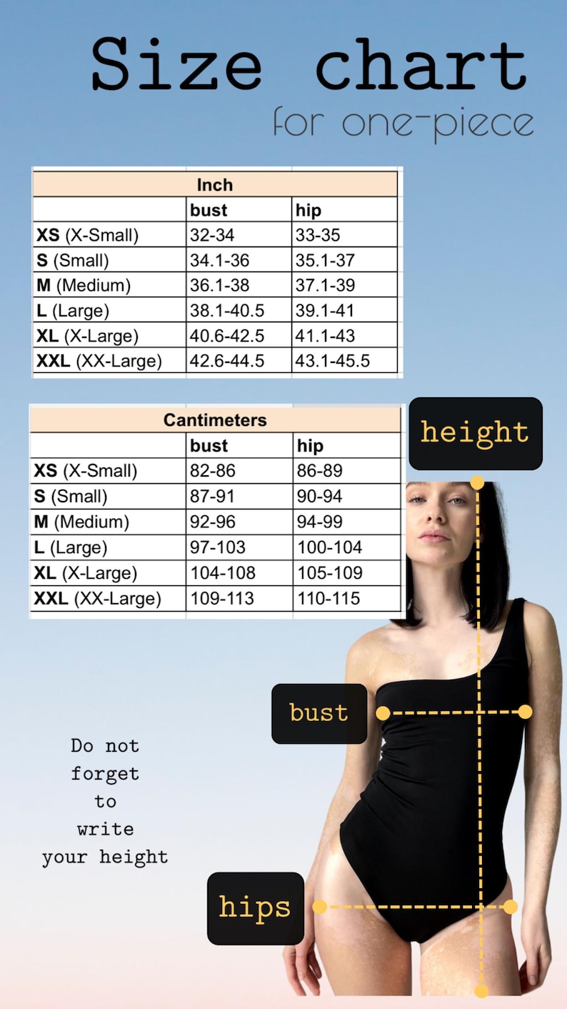 Op de afbeelding: Een maattabel voor een badpak met twee tabellen met borst- en heupmaten in inches en centimeters. De tabel bevat de maten XS tot XXL. Een diagram toont hoe de lengte, borstomvang en heupomvang op een persoon gemeten moeten worden.