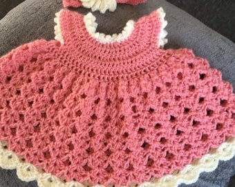 Beautiful crocheted baby dress and matching headband