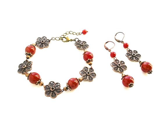 Items similar to Red Carnelian Jewelry Women Copper Anniversary Wife ...