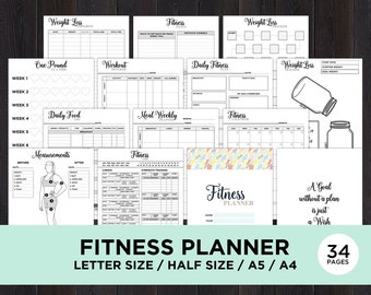 Fitness Planner Printable, Health Planner, Fitness Journal Printable, Workout Log, Food Diary, Calorie Tracker, Daily Weight Loss, Exercise