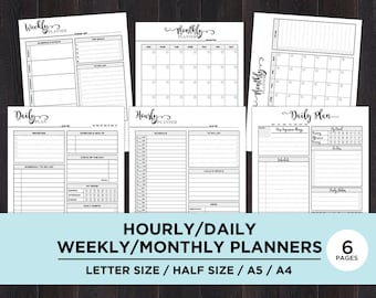 Weekly Planner Printable Hourly, Daily Weekly Monthly Planner Printable Insert, Half Size Planner Inserts, A4, A5, Half Size, Letter