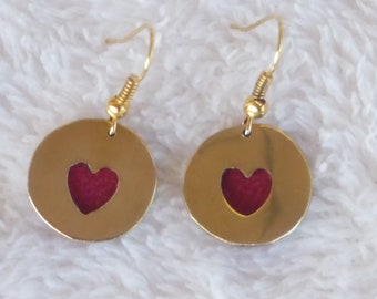 Heart brass and leather earrings