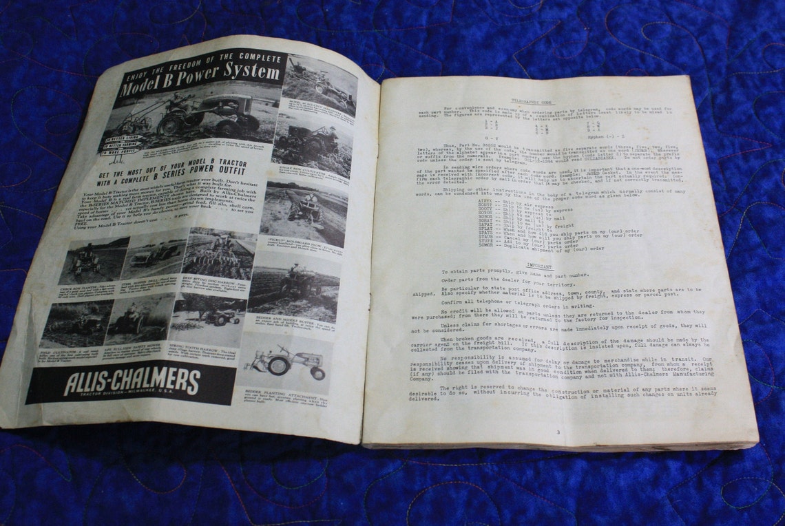 AllisChalmers Model B Tractor Parts Book and Operating Etsy