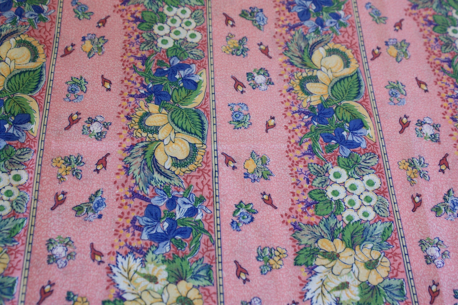 Vintage Calico Fabric by the Yard Pink Floral Stripe With Yellow and