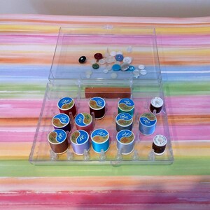 May include: A clear plastic sewing kit with a variety of spools of thread in colors like red, blue, and brown. The kit also contains an assortment of buttons in various sizes and colors, and a small emery board.