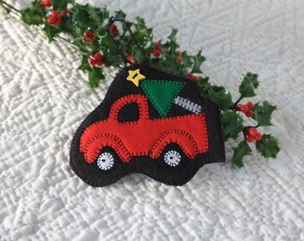 Christmas Tree Ornament Felt Red Pickup Truck Bringing Home the Tree Handmade New Hanging Loop