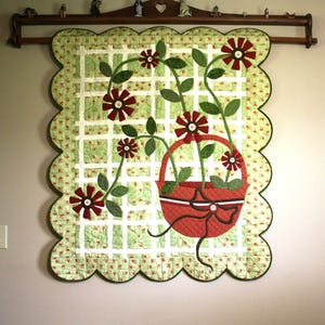 Art Quilt Basket of Flowers Handmade New Green Rust Brown Cream Scalloped Edges 45 inches by 52 inches