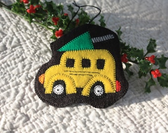 Christmas Tree Ornament Felt Yellow School Bus Bringing Home the Tree Handmade New Hanging Loop