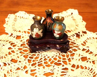 Vintage Brass Miniature Bud Vases – Enamel Floral Design, Wood Stand