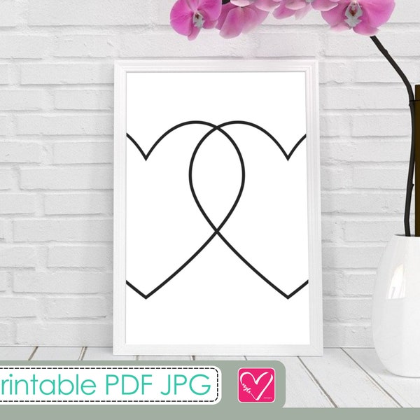 Two Half Hearts Printable Wall Art PDF Minimalistic / 2 Heart Line Art Wall Decor Art / Downloadable File Graphic / Wedding Gift