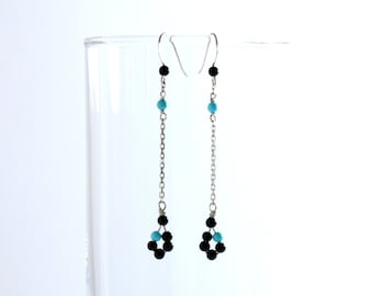 Boucles d'oreilles chaîne avec perles en onyx et turquoise - Création en argent 925 - *pièce unique*