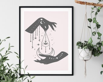 Magic Hands Zodiac Prints, Celestial Art Printable, Suns, Moon and Starts Wall Art Print, Boho Bedroom Prints, Rustic and Boho Colours