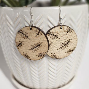 Maple Wood Circle Earrings | Boho Leaf Engraved Earrings | Minimalist Jewelry
