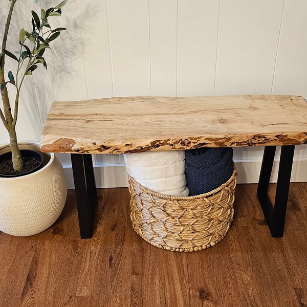Live Edge Ambrosia Maple Wood Bench with Trapezoid Legs | Mudroom Bench | Entryway Wood Slab Seat