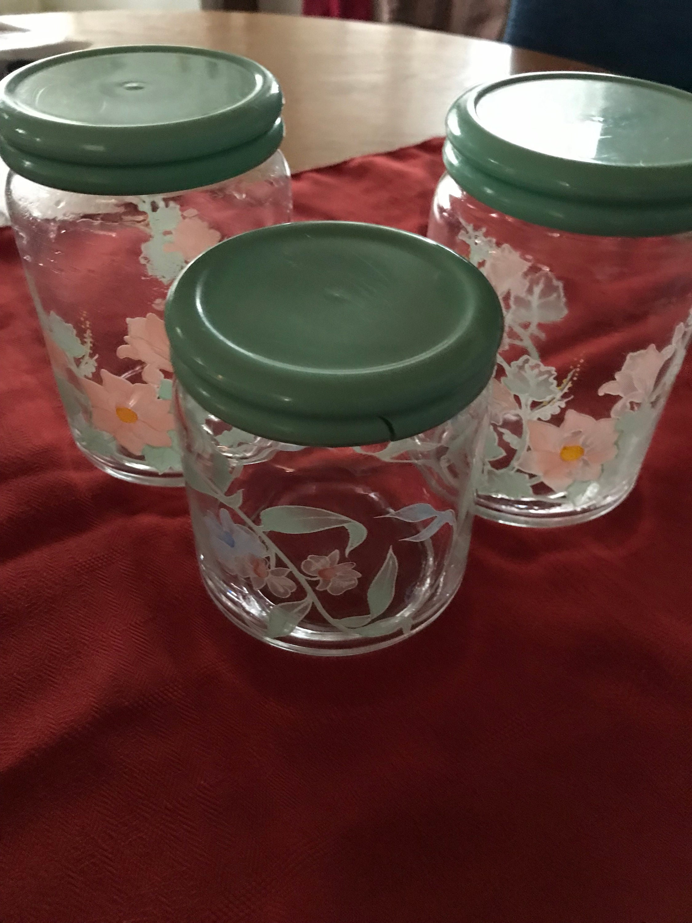 Trio of Glass Canisters With Dusty Rose Pink Plastic Lids Frosted