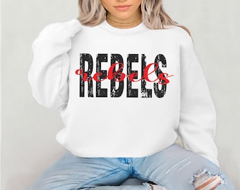 May include: White sweatshirt with a black and red graphic that says "Rebels" in a distressed font.