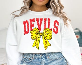 Devils Softball, Retro, Croquette Bow, Bows, Bases, Baseball Mom, Red, Softball, Sublimation,  Digital Download, PNG File