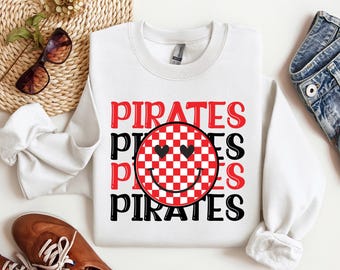 Pirates Smiley, Pirate, Red and Black, Mascot, Love, Checkerboard, Retro, Digital Download, Sublimation, PNG File
